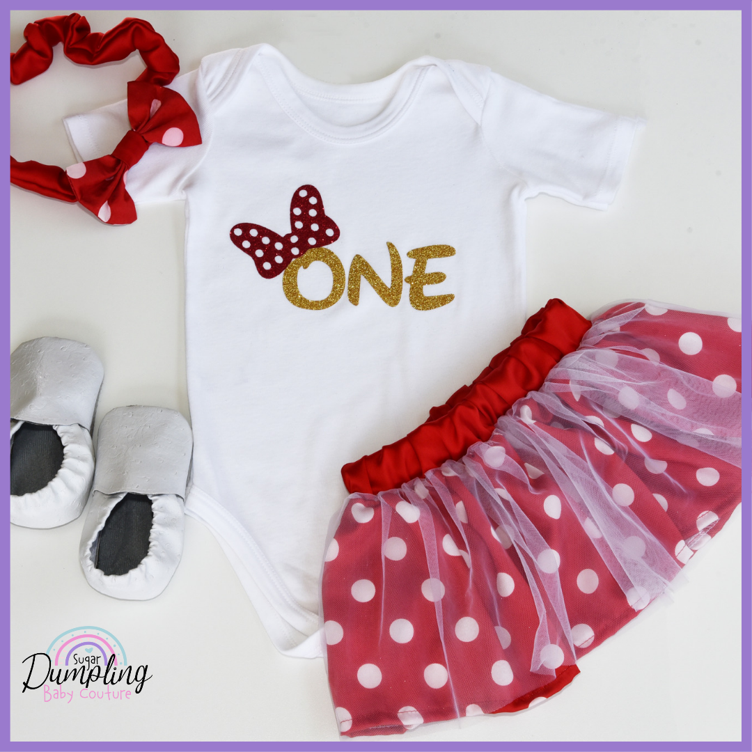"ONE" Romper, Red polka dot tutu skirt & Headband