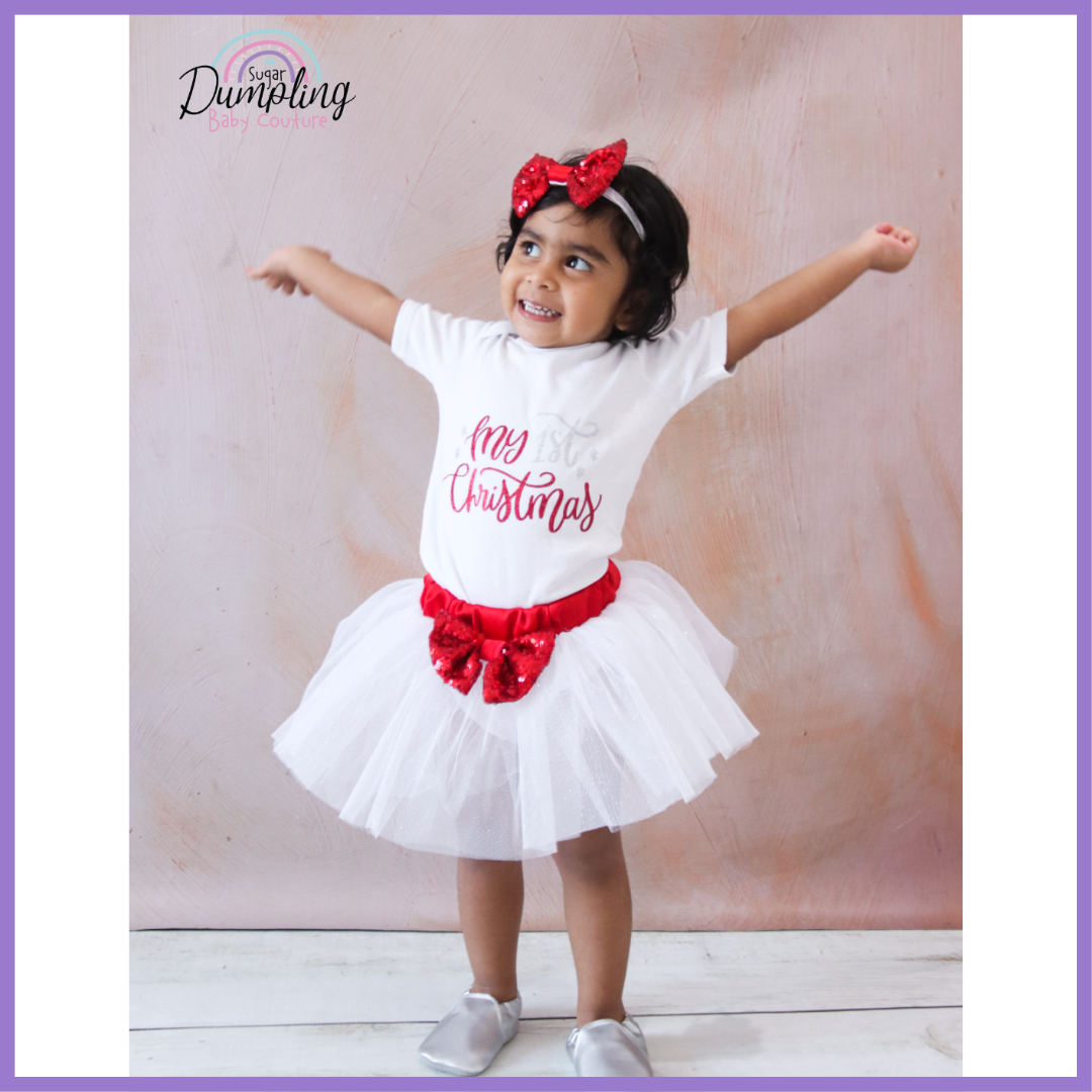My 1st Christmas Romper, white glitter tutu & Headband